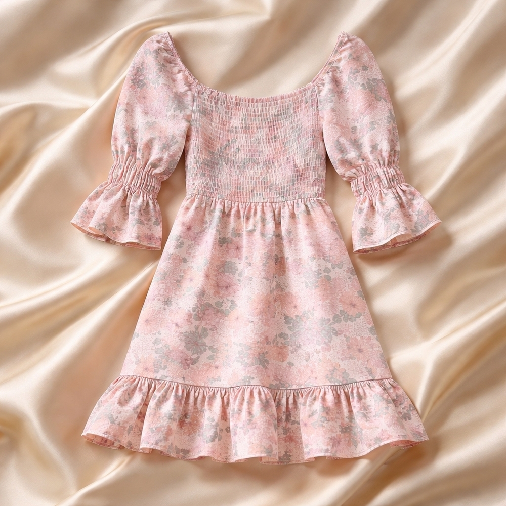 Blush' Pink Floral Smocked Mini  Dress Ties In Back Size Lg New With Tags
